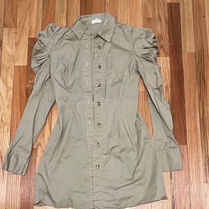 Khaki Button-Up mini dress with Puff Sleeves